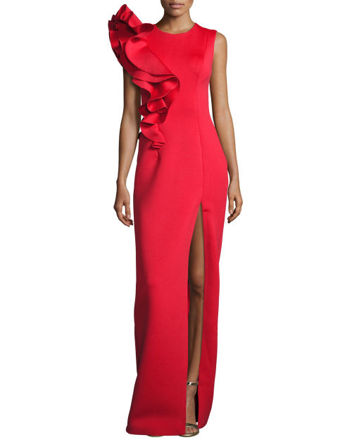 Sleeveless Ruffle-trim Crepe Gown by Jovani