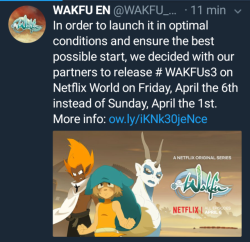 isaofriva:Some news regarding season 3 release of Wakfu worldwide on Netflix! New release date is Ap