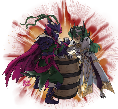 commission for @miragegarbage on Twitter of our MH hunters arm wrestling&hellip; i always lose :[