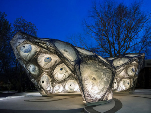 staceythinx:  The ICD ITKE Research Pavilion was woven by robots in a manner similar to the Elytron, a protective shell for beetles’ wings and abdomen. It is the result of a collaboration between several different university departments.