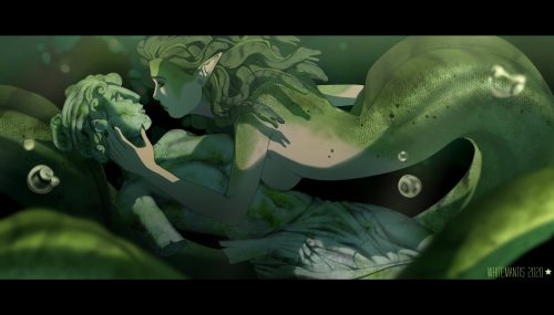 whitemantis:Another Mermay picture! This time, an eel medusa, entranced by sunken statue.Please co