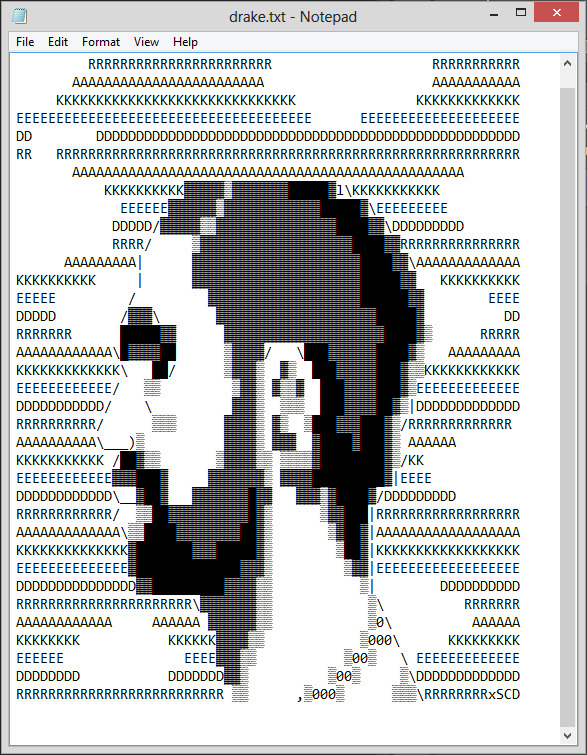 i noticed that teens these days do not make ascii fan art of drake so here you go