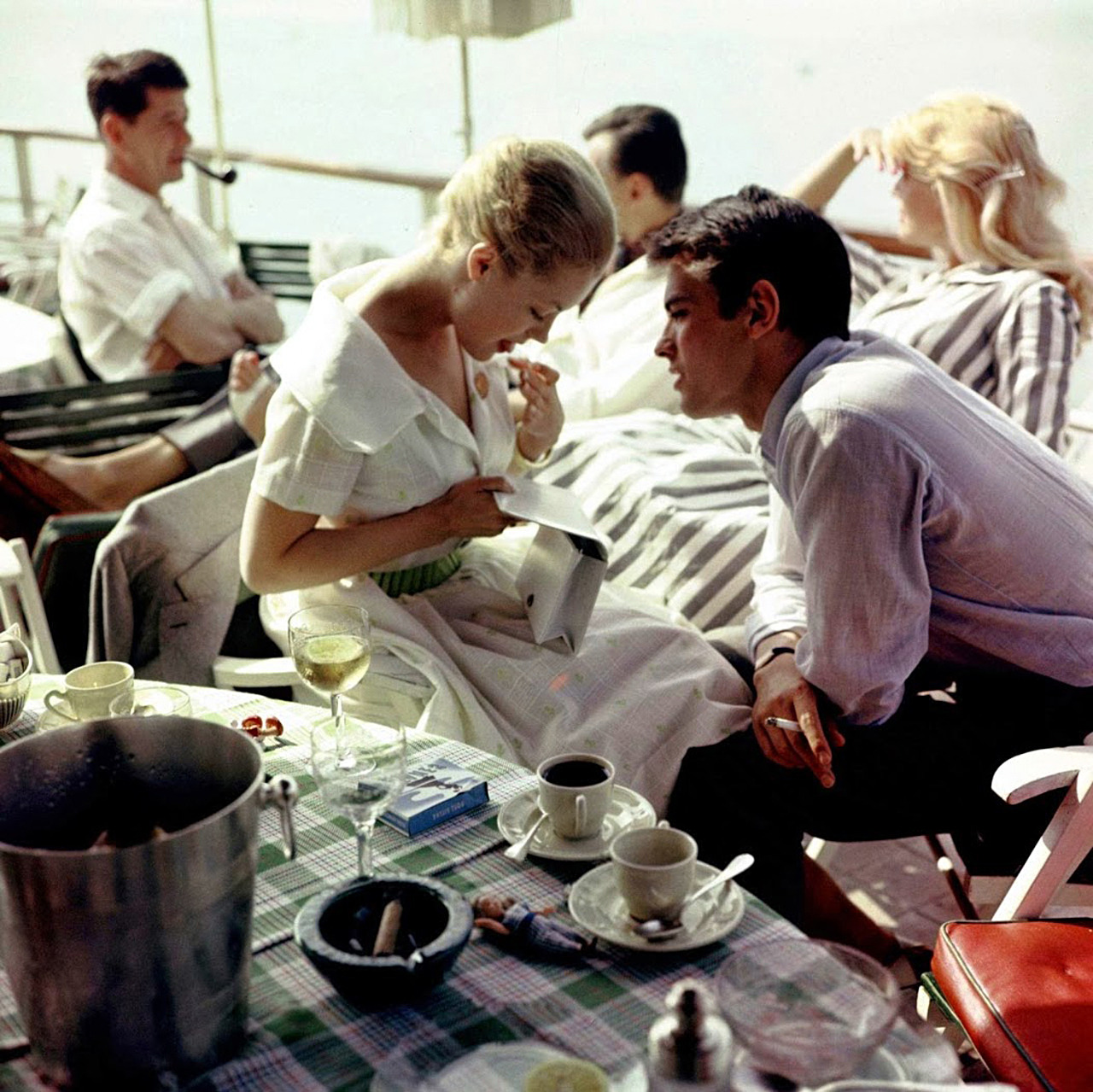 voxsart:  Just Around The Corner, Those Lazy Summer Lunch Days. Alain Delon and Romy