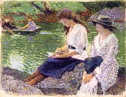 Reading by the Lake, Central Park (c.1915). Edward Henry Potthast (American, 1857-1927). Oil pastel 