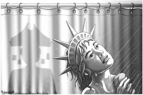 TeaPublican Psycho killing Ms. Liberty. Illustration/Political Satire by Clay Bennett.