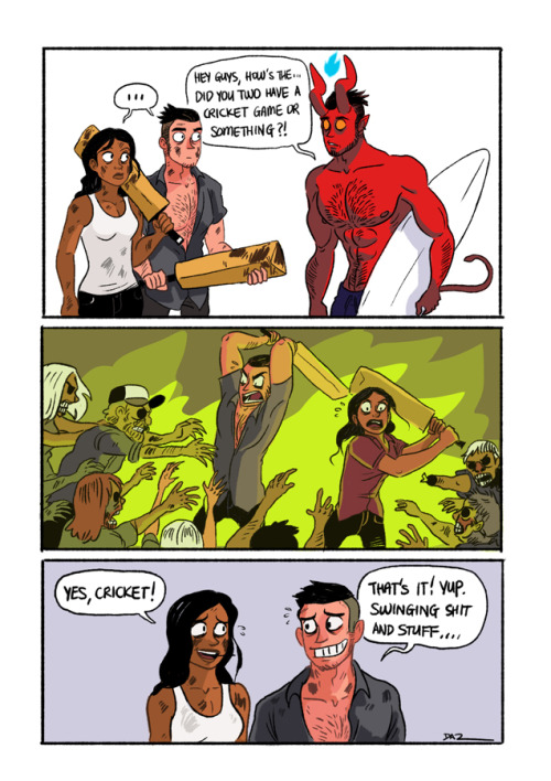 tohdaryl:  everydaycomics:  “Cricket Match” - Best sport date…eva! (we will not speak of it.)  Creator commentary:  Red is a character that was originally written for a hardcore detective story called ‘RED and Wolf’ which has similar