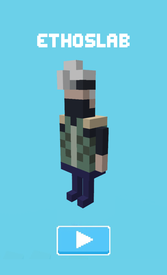 An image of Minecraft YouTuber EthosLab in the style of the game Crossy Road. The figure is extremely simplified and made of a series of small cubes. Etho is wearing a green vest, a dark gray undershirt and mask, and dark blue pants. He has white hair that is falling over his face on the right side.