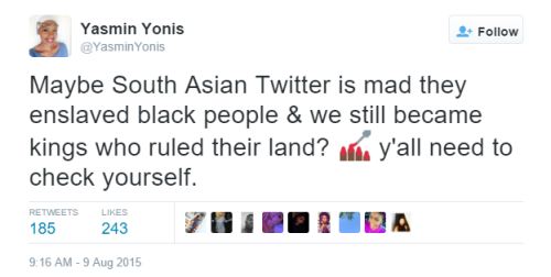 oprahwinfreysboobsweat:rudegyalchina:browngirlsgang:Yasmin Yonis taking us to school - please read t