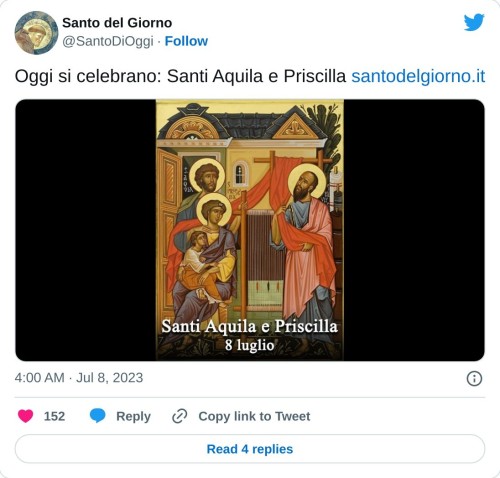 Oggi si celebrano: Santi Aquila e Priscilla https://t.co/YeJ319veQQ pic.twitter.com/vtIHZYK8Fh  — Santo del Giorno (@SantoDiOggi) July 8, 2023