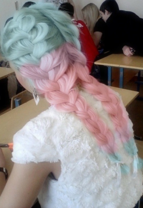 pornogravia:Hair / Pastel ombre blue, purple, & pink braided hair on We Heart It.