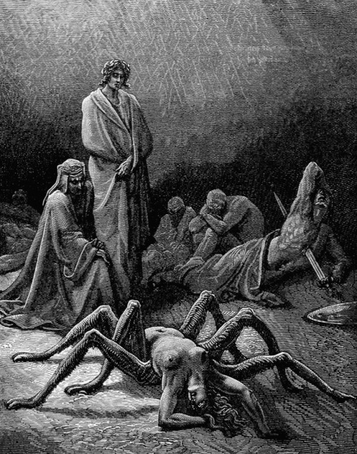 aqua-regia009:Arachne (1868) - Gustave Doré  Illustration for “The Divine Comedy” by Dante Alighieri