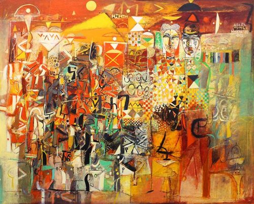 Wosene Worke Kosrof (born 1950, Ethiopian) Guardians of the Earth, 2002acrylic on canvas