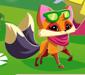 A mainly orange cartoon fox stands with green sunglasses and a red bandana. They have two tails that are black with crème tips. 