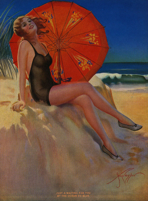 notpulpcovers: Just A-Waiting For You By The Ocean So Blue, by Gene Pressler 1930′s calen