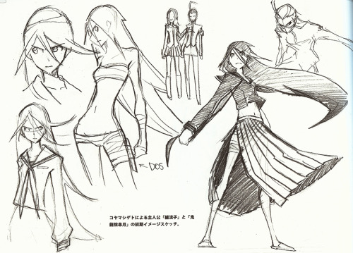 h0saki:  Initial designs of Satsuki by Sushio and Shigeto Koyama from The Art of KlK Vol 1. In the second pic (by Koyama) Satsuki looks a lot like Ryuko, pretty cool actually. And damn trench coat Satsuki is still best Satsuki.  