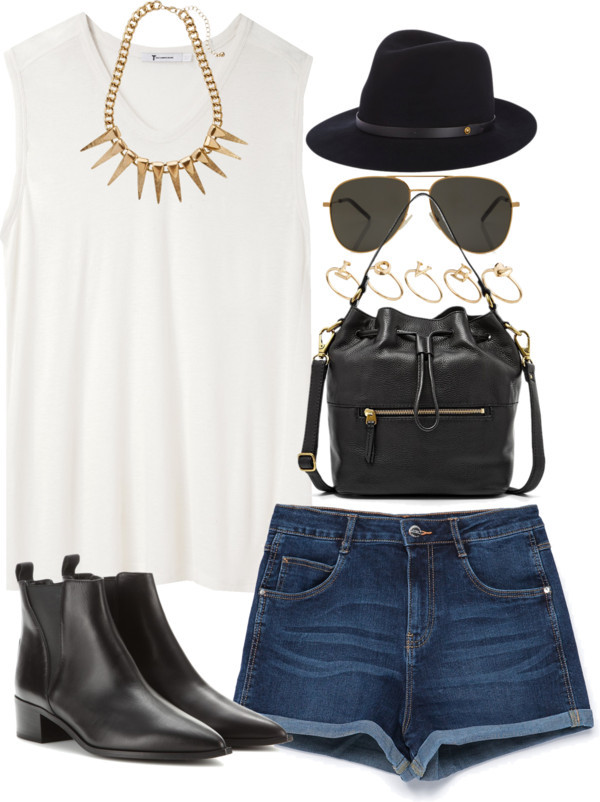 Outfit for a music festival by ferned featuring a spike necklace
T By Alexander Wang white tank top / Zara denim shorts, 34 AUD / Acne Studios black leather boots / Fossil bag, 170 AUD / Spike necklace / ASOS ring, 6.15 AUD / Yves Saint Laurent...