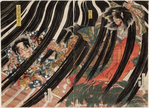 Watanabe no Tsuna Meets the Ibaraki Demon at Modoribashi Bridge by Utagawa Kunisada (Edo Period)