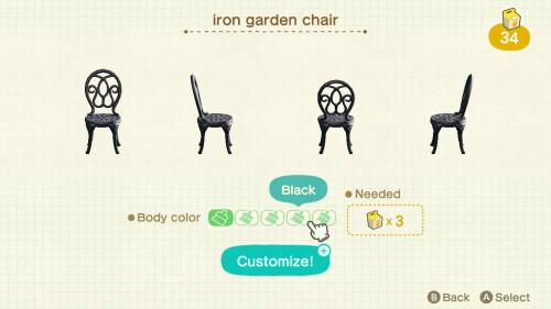 Item: iron garden chair# of customizations: 5Customization names: green, blue, brown, black, whiteCu