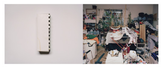 Instalation of a white box containing multiple lighters on the left facing a picture of a room in disarray on the right.