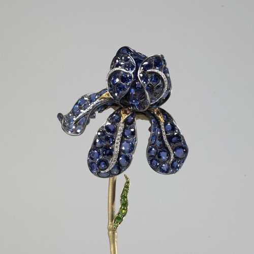 cair–paravel:  Iris corsage ornament by Tiffany & Co., c. 1900,  sapphires, diamonds, garnets, topaz, blued steel, gold alloys, platinum					  (via).