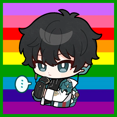 A chibi-style image of the character Dan Heng from the video game Honkai Star Rail overlaid atop the nine-stripe Gilbert Baker pride flag, with a green border.