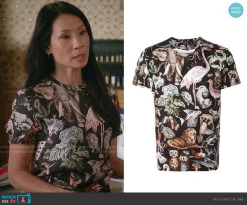 wornontv:Joan’s jungle animals print top on Elementary: Animal Print T-shirt by Valentino, no long