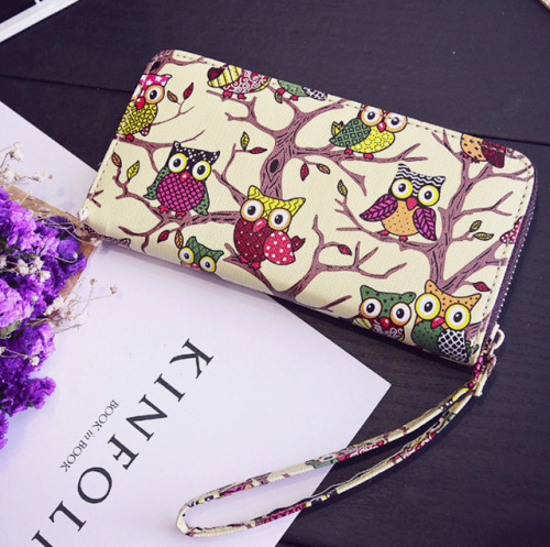 niseu:PU Leather Owl Print Zip Around Wallet