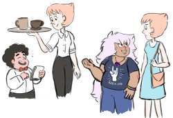 crystal-meepmorps: Some random thoughts about the Coffee Shop AU:  The coffee shop used to be Rose’s, Pearl kept it running after she past away. She also had to take care of Rose’s son, Steven  (He’s Pearl’s godson in this AU). Steven loves helping