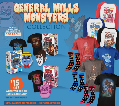 Fright-Rags has released an amazing collection of merchandise based on General Mills’ monster cereals: Count Chocula, Franken Berry, and Boo Berry. (Fear not, for Frute Brute and Yummy Mummy are coming in the future.)
Box sets feature a ventilated...