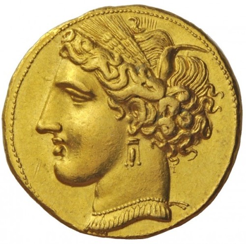 archaicwonder:Gold Coin from CarthageThis beautiful trihemistater was stuck circa 260 BC. It has the