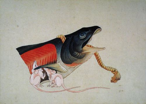 drakontomalloi:Katsushika Hokusai - Mice and Head of a Salmon. N.d., between 1833 and 1839