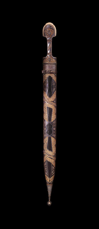 Gold and brass decorated kindjal dagger with carved bone mounts, The Caucasus, 19th century.from Kar