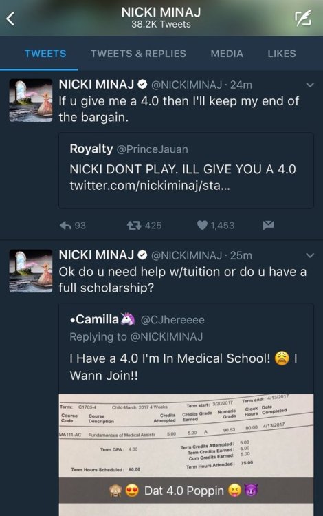 daniellescandal:boyplease:lagonegirl:Nicki Minaj is offering to pay tuition for dozens of her follow