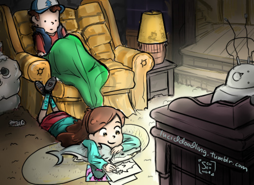 luciddoodling:  The Pine twins, probably strong Shark Week enthusiasts: Mabel draws sharks with flower crowns while watching; Dipper, deathly afraid of sharks, obtains as much information as he can from the documentaries (”Know Thine Enemies”).