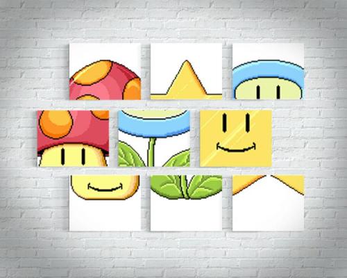 adorkable-bear:  captcreate:  odditymall:  The Mario Match Game art piece is a set of 9 canvases representing the same pieces from the actual Mario match game, a flower, a mushroom, and a star. —->http://odditymall.com/mario-match-game-wall-art 