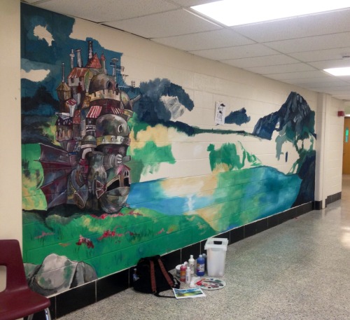 leviathanrose:  Day three of working on my Miyazaki mural at school!  