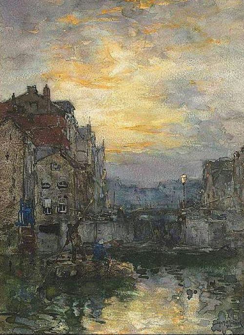 Sluis te Amsterdam bij zonsondergang( Sluice in Amsterdam at Sunset)  -  Johan Hendrik van Mastenbro