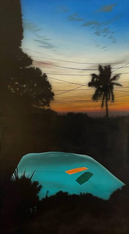 Pool with Orange Float    -   Laurence Jones , 2021.British, b. 1991 -Acrylic  on linen ,    70 9/10