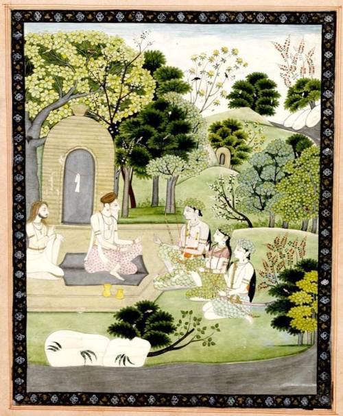 Rama, Sita and Lakhshmana at hermitage, opaque watercolour and gold on cardboard, Pahari, Kangra, ca
