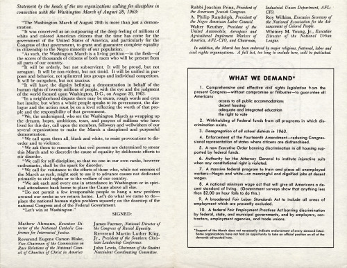 Official Program for the March on Washington
50 years ago on August 28, 1963, more than 250,000 demonstrators descended upon the nation’s capital to participate in the “March on Washington for Jobs and Freedom.” Not only was it the largest...