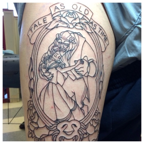 thebunnymachine:  Started line work on a Beauty and the Beast thigh piece today, can’t wait to start color.