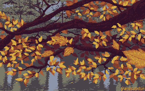 doorfus: anasabdin:7 Colors Autumn River [Image description: Pixel art featuring a tree branch with 