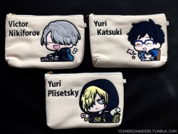 yoimerchandise: YOI x Sol International Sweat Embroidery Pouches Original Release Date:December 2017 Featured Characters (3 Total):Viktor, Yuuri, Yuri Highlights:These original character designs feature Viktor shopping happily and Yuuri + Yuri both on