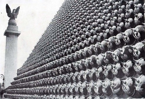 Pyramid of German helmets at Grand Central Terminal in New York (1918or 1919), at a celebration atte