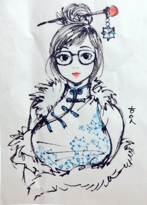 woohnayoung:Brush pen drawing, #Overwatch Mei wearing Chinese dress.  붓펜낙서 한 장 더! 치파오를 입은 #오버워치 메이. 