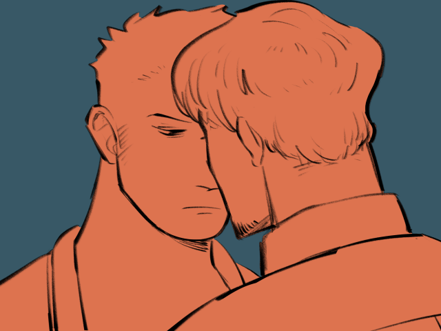 A digital sketch of Zoro and Sanji from One Piece. They are touching foreheads.
