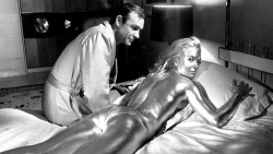 historicaltimes:  Sean Connery and Shirley Eaton on the set of Goldfinger via reddit