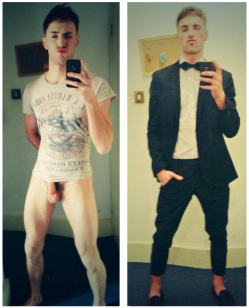 texasfratboy:  which selfie do you like better - bottomless or tux?  you know my choice!!!  …heehee