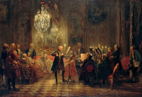vardlokkurulv:Frederick the Great playing a flute concerto in Sanssouci, C. P. E. Bach at the piano,