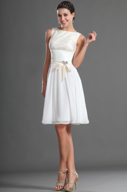 uniqistic:Knee Length Modest White Chiffon Lace Short Bridesmaid Dress - Buy on uniqistic.com